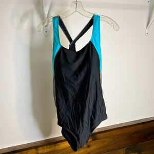 NWT Amazon Women's Black, Teal and Gray One Piece Swimsuit- L